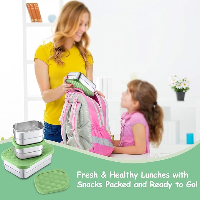 Homikit 3 Pack Kids Lunch Box Set, 18/10 Stainless Steel Bento Boxes with Silicone Lids Leak Proof, 5 Cups Reusable Metal Food Snack Containers for School Daycare, Nontoxic & Dishwasher Safe, Green