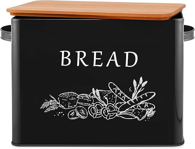 E-far Bread Box for Kitchen Countertop, Metal Bread Storage Container Bin with Bamboo Lid for Cutting Bread, Extra Large & Farmhouse Style, 13” x 7.2” x9.8”, Black
