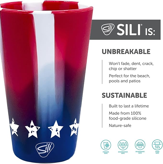 Silipint 16oz Silicone Pint Glass – Unbreakable BPA-Free Reusable Silicone Drinking Cup – Flexible Dishwasher Microwave & Freezer Safe – Stemless Glass for Coffee Smoothies (Star & Stripes)