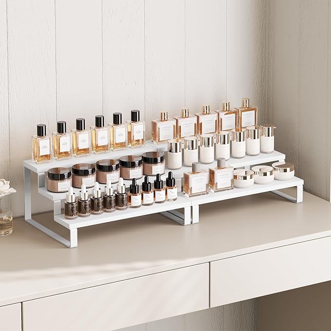 Spice Rack, Wooden Display Riser Stand, Set of 2, Vanity Display Stand, Perfume Organizer, Tiered Countertop Organizers, Space Saving, for Kitchen Spices,Syrup, Coffee Mugs, White SR03L2WW