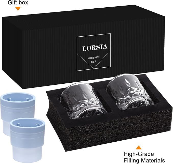 Whiskey Rocks Glass, Set of 4 (2 Crystal Bourbon Glasses, 2 Round Big Ice Ball Molds) In Gift Box - 10 Oz Old Fashioned Glasses for Scotch Cocktail Rum Cognac Vodka Liquor, Unique Gifts for Men