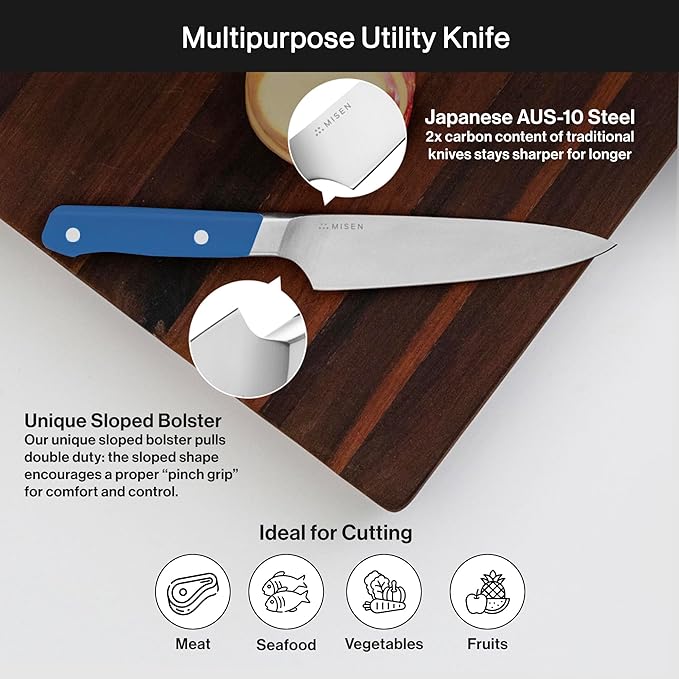 Misen 5.5" Utility Knife – High Carbon Japanese AUS-10 Stainless Steel – Hybrid German & Japanese Blade – Precision Kitchen Knife for Professionals & Home Cooks – Ultimate Cutting Performance - Blue