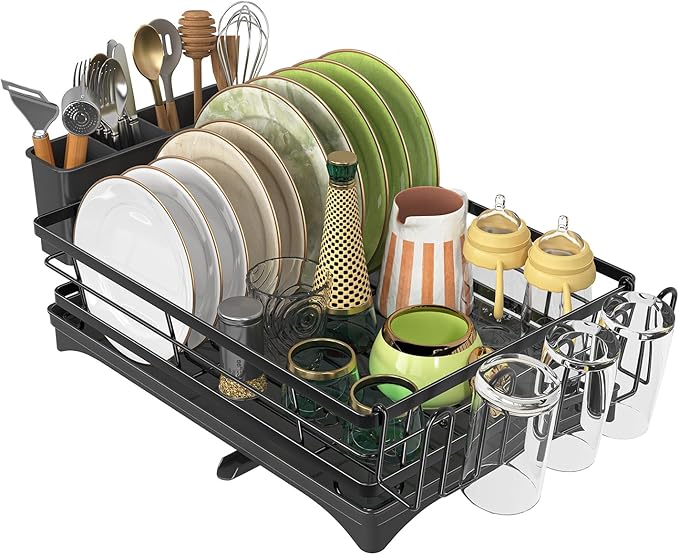 Dish Racks for Kitchen Counter, Rustproof Dish Drying Rack, Dish Drainers with Utensil Holder for Kitchen Sink, Kitchen Organizer for Dishes with Drip Tray, 12" W x 15.7" L, Black