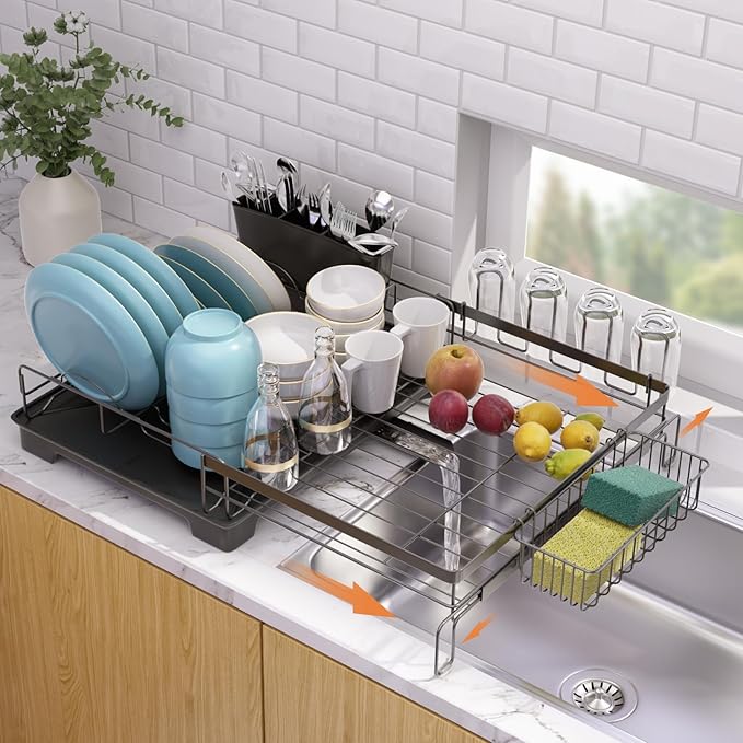 Extendable Dish Drying Rack, Drying Rack with Automatic Drainboard, Dish Drainers for Kitchen Counter, Anti-Rust Dish Drainers with Cup Holders & Utensil, Black