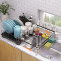 Extendable Dish Drying Rack, Drying Rack with Automatic Drainboard, Dish Drainers for Kitchen Counter, Anti-Rust Dish Drainers with Cup Holders & Utensil, Black