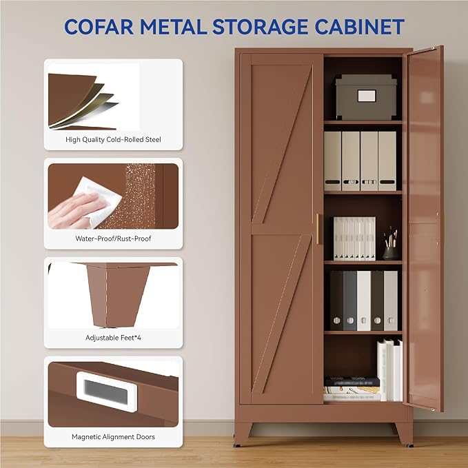 COFaR 71 in Tall Metal Storage Cabinet, Metal Cabinet with 4 Adjustable Shelves and Barn Doors, Farmhouse Cupboard Storage for Kitchen Pantry Garage, Brown 5-Tier
