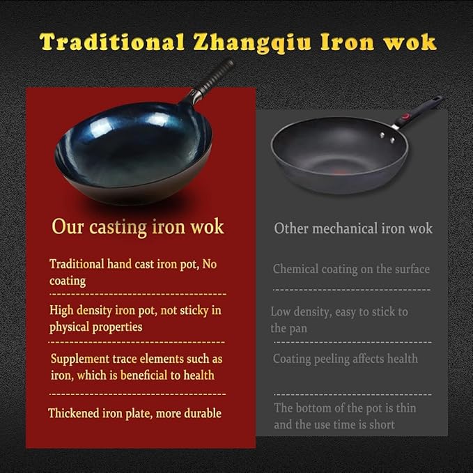 13 Inch Chinese Hand Hammered Iron Wok and Stir Fry Pans with Lid Round Bottom Wok Pan Non-stick No Coating Ideal for Home Use and Gift Giving