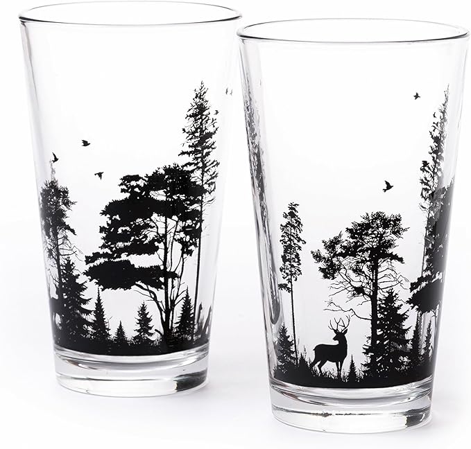 Pint Glasses by Black Lantern - Forest Animal Landscape Pint Glasses Set - 2 16oz. Beer Glasses