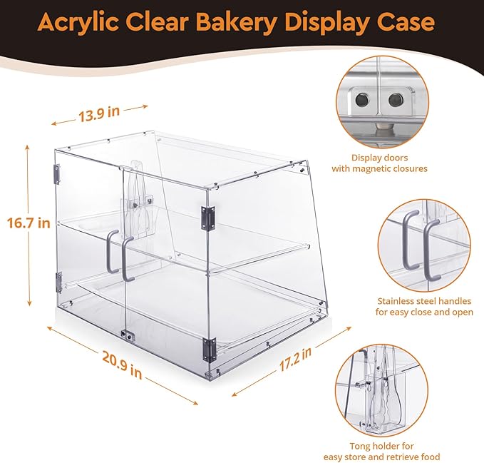 Bakery Display Case, Pastry Display Case Countertop 2 Tier Tray, Display Cabinet Box for Baking Enthusiasts, Acrylic Clear Boxes for Bread Pastry Desserts Food Cookie