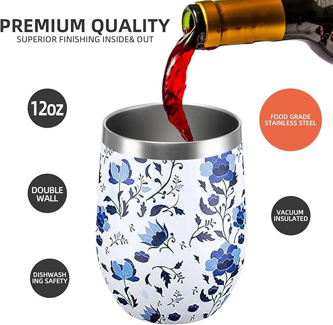 12 oz Insulated Wine Tumbler with Lid and Straw,Stainless Steel Stemless Wine Tumbler Glasses Double Wall Vacuum Wine Cups Tumbler Bulk for Coffee,Cocktail,Office（Blue and White Porcelain,1）