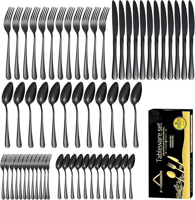 Black Silverware Set for 12 Stainless Steel Flatware 60 Piece Cutlery Spoon Fork Knife Kitchen Eaing Utensils Wide Round Handle Restaurant Festival Parties Easy to Clean
