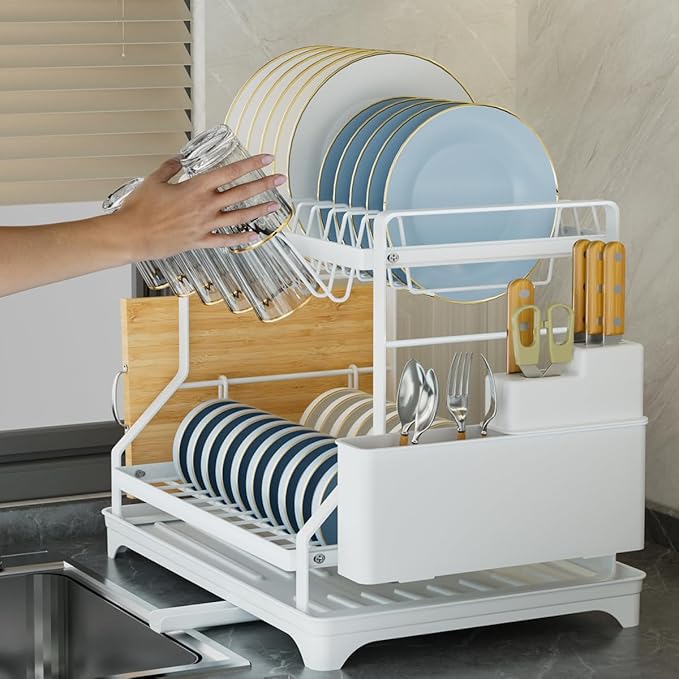 2-Tier Dish Drying Rack, White Metal Large, Space Saving Countertop Mount with Drainboard, Utensil Holder, 16.5x12.7x13.3 Inches