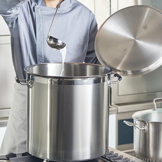 CURTA 32 Quart Large Stock Pot with Lid, NSF Listed, Induction Ready, 3-Ply Clad Base, 18/8 Stainless Steel Cooking Pot, Commercial Cookware for Soup, Stew & Sauce, Riveted Silicone Handle