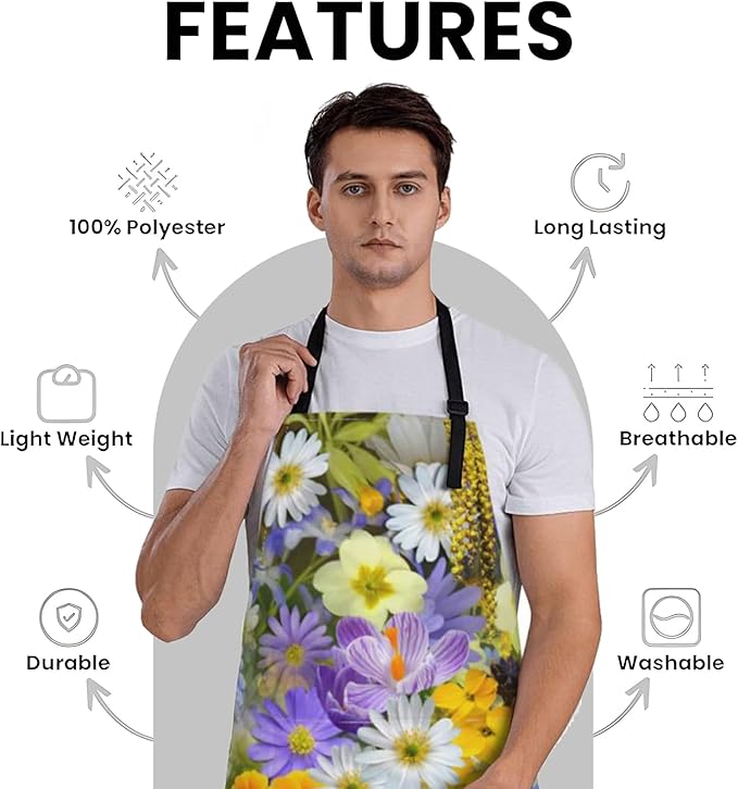 Sunflower and Daisy Apron for Women Men, Cooking BBQ Chef Polyester Lightweight Bright Floral Aprons with Pockets for Baking Kitchen Gardening Cleaning, Adjustable Neck Strap, 28×33inch