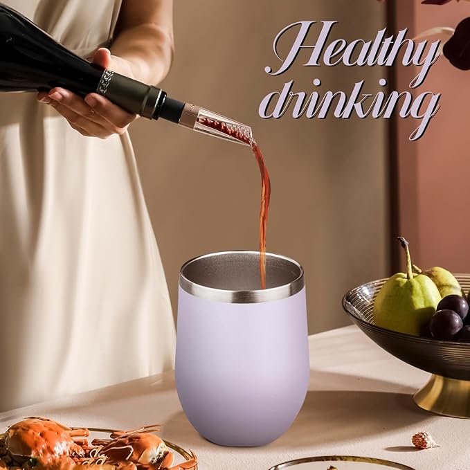 12oz Stemless Wine Tumbler with Lid Double Wall Insulated Wine Cup Stainless Steel Glasses Tumbler with Straw Insulated cocktail Tumbler Coffee Mug for Hot and Cold Beverages (Multicolor-1,4Pack)