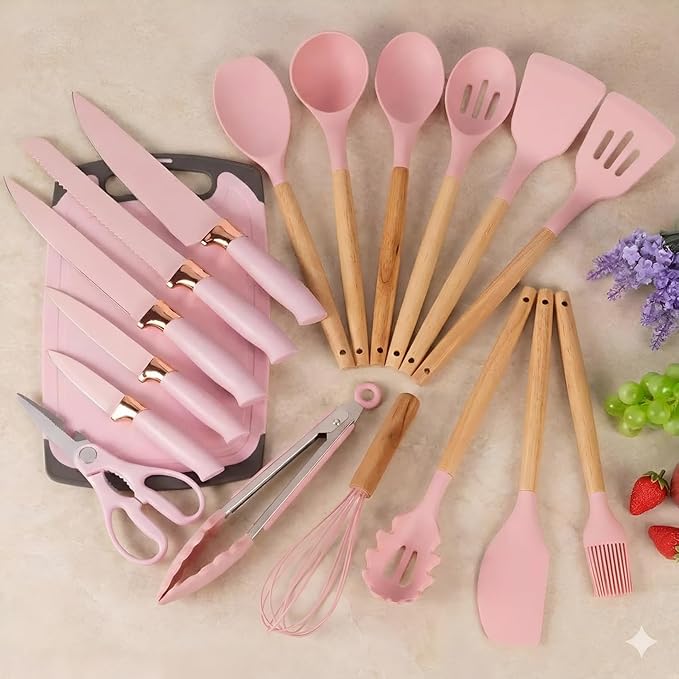 19-Piece Pink Kitchen Utensils Set - Silicone Cooking Utensils, Non-Toxic Spatula Set, Kitchen Tools, Cutting Board, Pink cooking utensils set