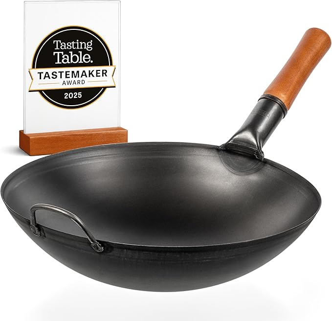 YOSUKATA 14" Carbon Steel Wok with Round Bottom – Pre-Seasoned Pow Wok for Stir Fry – Traditional Chinese Japanese Black Steel Pan – Outdoor Cookware for Gas Stovetops, Open Fire, BBQ, Camping