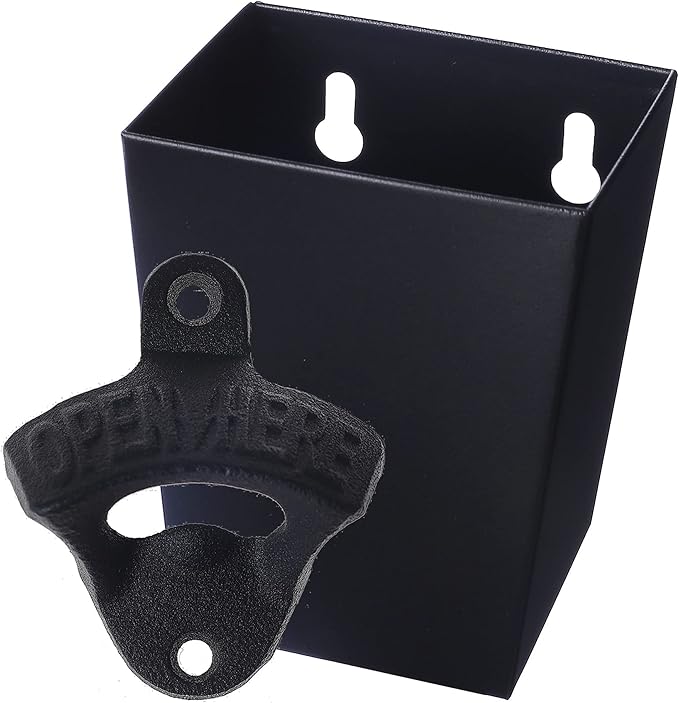 Satin Black Cast Iron Bottle Opener Wall Mounted with Bottle Cap Catcher Narrow