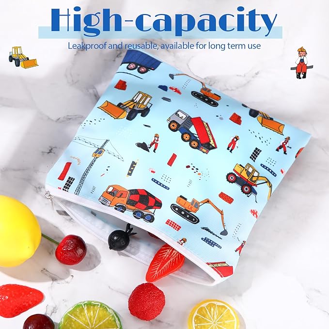 Chumia 6 Pcs Reusable Snack Bags Christmas Gifts Food Safety Washable Snack Bags Lunch with Zipper Portable Sandwich Bag Food Storage Pouch Double Layer(Truck,7 x 7 Inches)