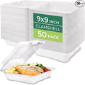 Freshware Compostable 9x9" Clamshell Take Out Food Containers [50-Pack] - Biodegradable Sugarcane To Go Boxes - Paper Food Container - Microwave & Freezer Safe, Stackable