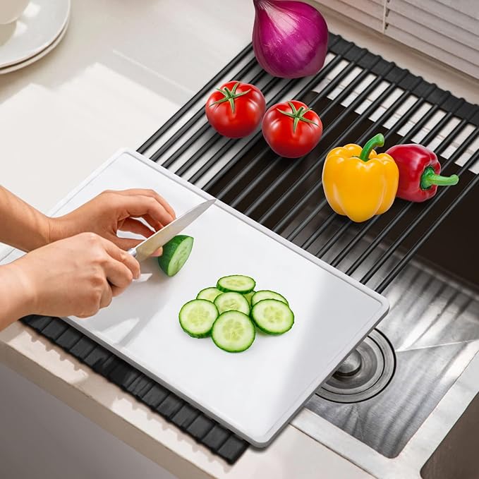 Roll Up Dish Drying Rack Over The Sink Kitchen Roll Up Sink Drying Rack Multipurpose Foldable Sin Drying Mat, Heat-Resistant, Anti-Slip & Anti-Rust Dish Rack for Kitchen, 20.5" x 13", Black