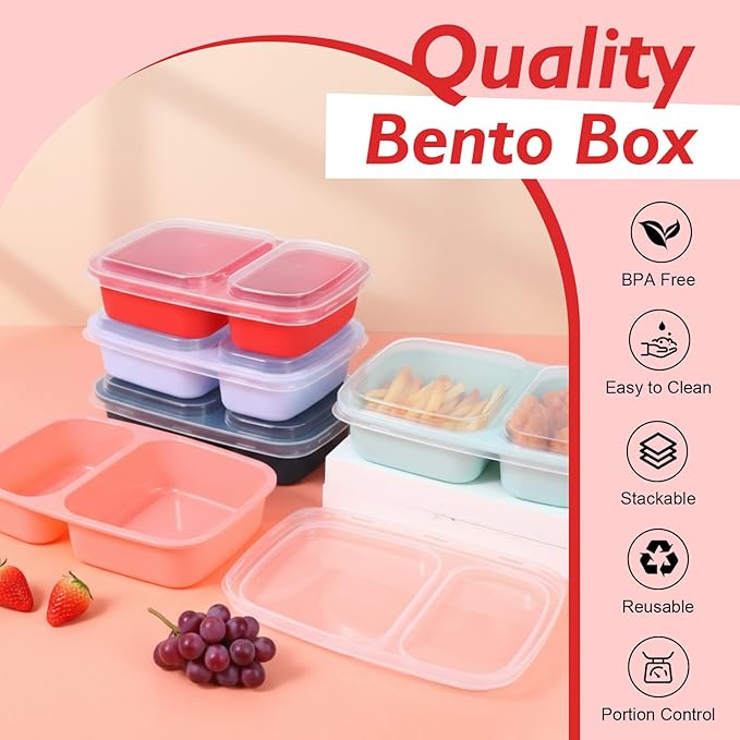 Honeydak 5 Pack Lunchable Snack Containers 2 Compartment Divided Bento Snack Boxes Reusable Meal Prep Containers with Lids Lunch Food Storage Box for School Work Travel(Melon Color)