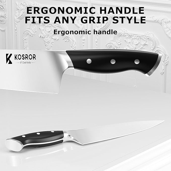 Knife Block Set - KOSROR 15 PCS German Stainless Steel Kitchen Knife Set with Block and Sharpener - Full-Tang Ergonomic Handle Knife Set - Razor Sharp Blades and Dishwasher Safe - ShadowCraft Series