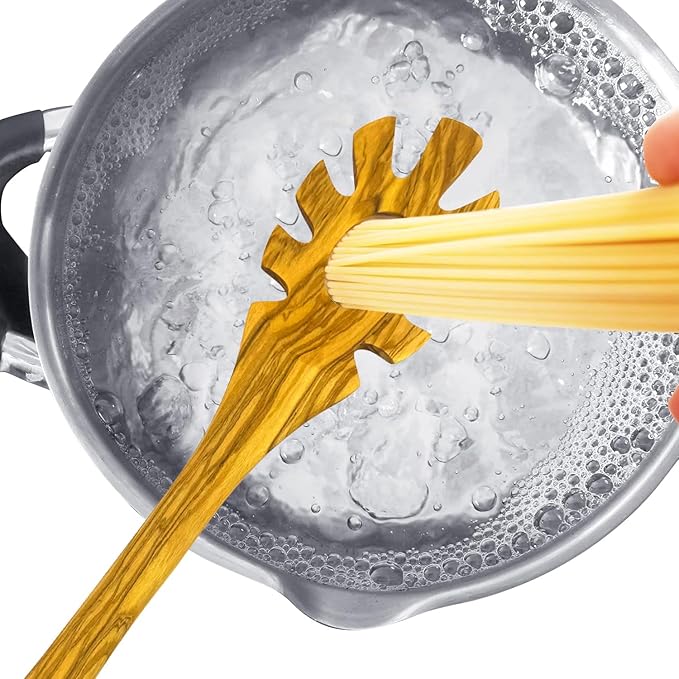 WONDERFUL 13.5 Inch Long Olive Wood Spaghetti and Pasta Server with Measurer, Ideal Spaghetti Server, Pasta Forks and Ladle