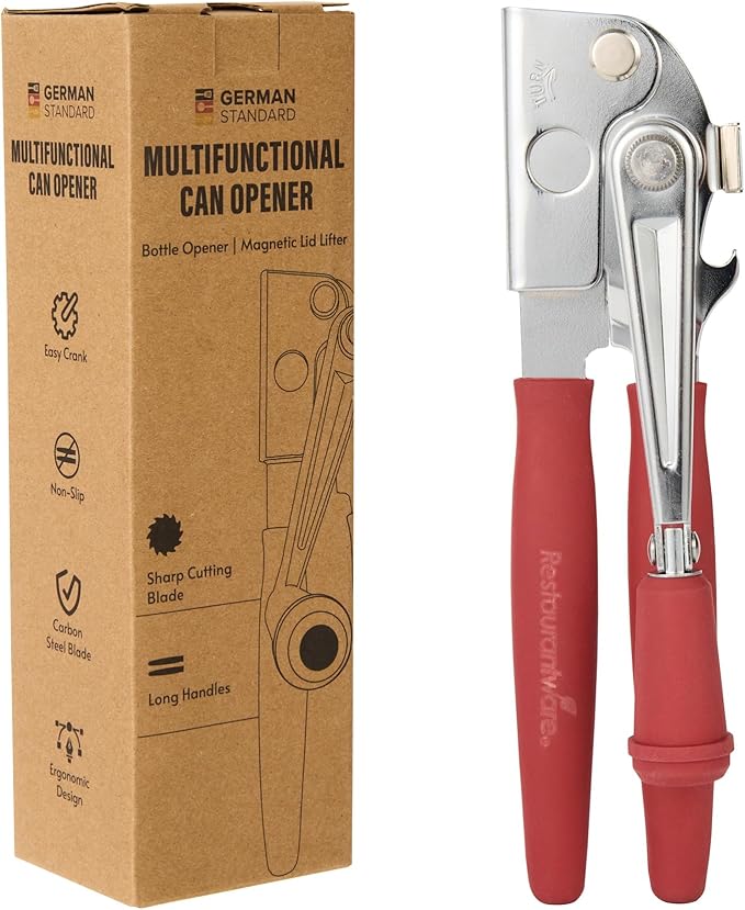 Restaurantware Stainless Steel Magnetic Manual Can Opener - 6 Pack - German Standard Red Crank Can Opener with Magnet, Ergonomic Handles, Non-Slip - Heavy-Duty Hand Can Opener, Easy Turn, Sharp Blade