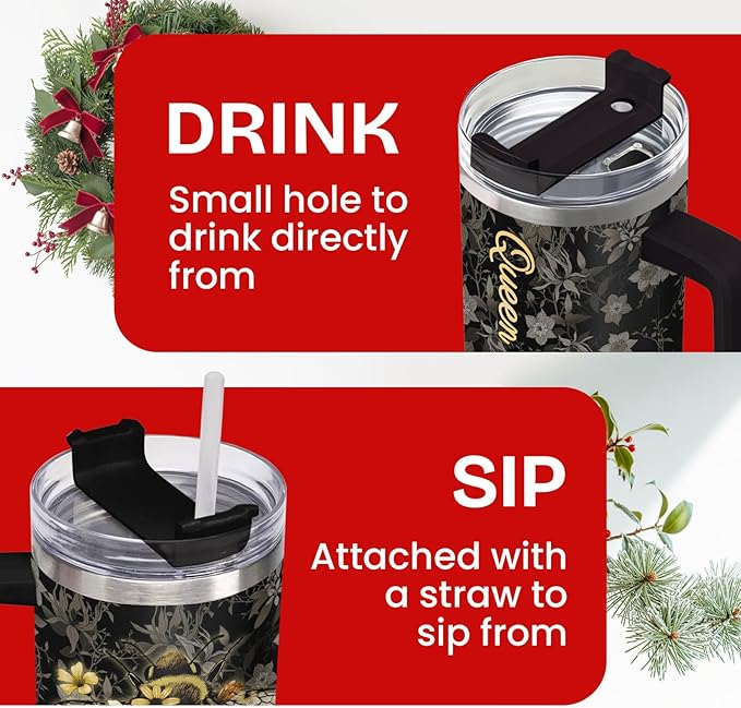 34HD Queen Bee Tumbler with Handle & Straw, 40oz Stainless Steel Vacuum Insulated Coffee Mug, Honey Bee Gifts for Birthday Mothers Day Christmas, Gifts for Women Teachers Mom Daughter Friend