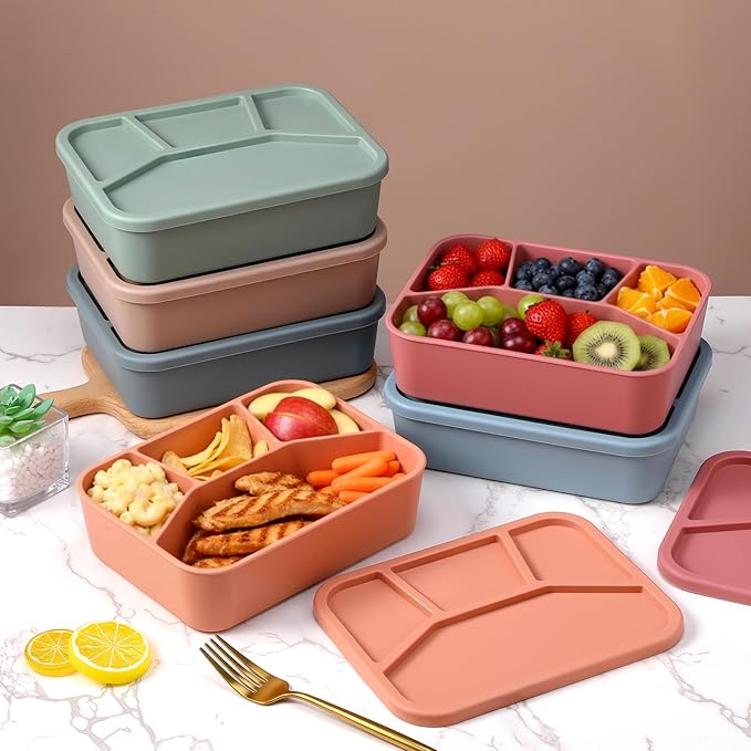 Honeydak 6 Pcs Silicone Bento Box Reusable Lunch Container 4 Compartment Snack Boxes with Lid Smooth LeakProof Rectangle Food Boxes for Adult Work Travel Food Storage (Vintage Color)