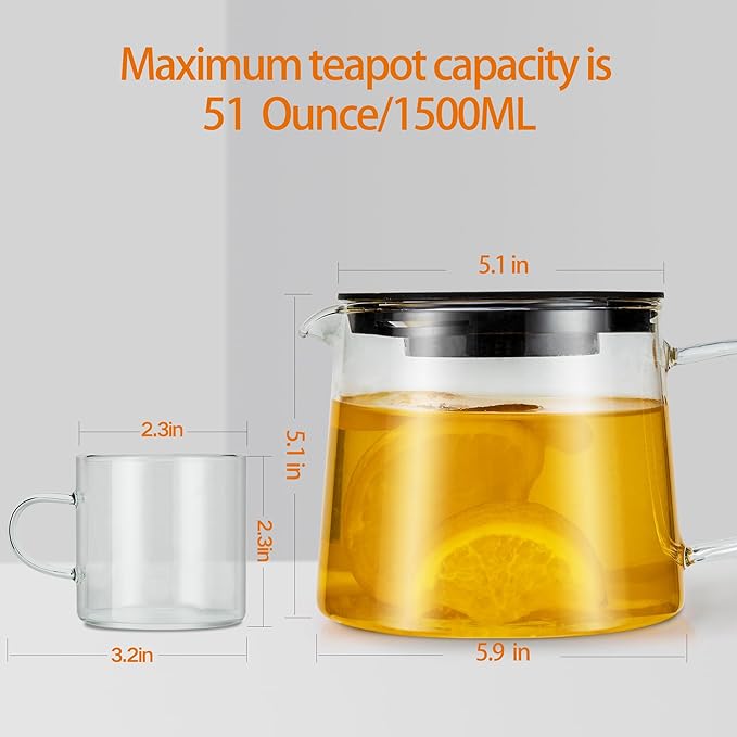 Glass Teapot 51oz/1500ml with 6 Pack Tea Cups Gift Set, Removable Stainless Steel Infuser Tea pot, Heatproof Borosilicate Glass Tea Make, Stovetop Safe Glass Tea Kettle for Loose and Blooming Leaf Tea