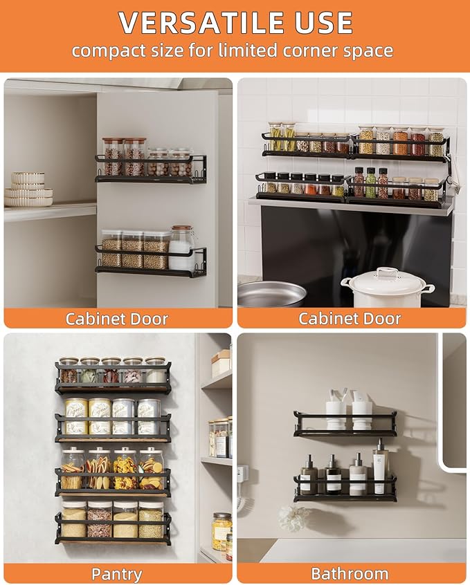 Doakhirmit Wall Mounted Spice Rack with 16 Hooks, Rustic Wood Spice Organizer Shelf for Stove Cabinet Pantry Door,Screw or Adhesive Hanging Spice Shelf,Wall Spice Rack in Kitchen and RV,2 Pack