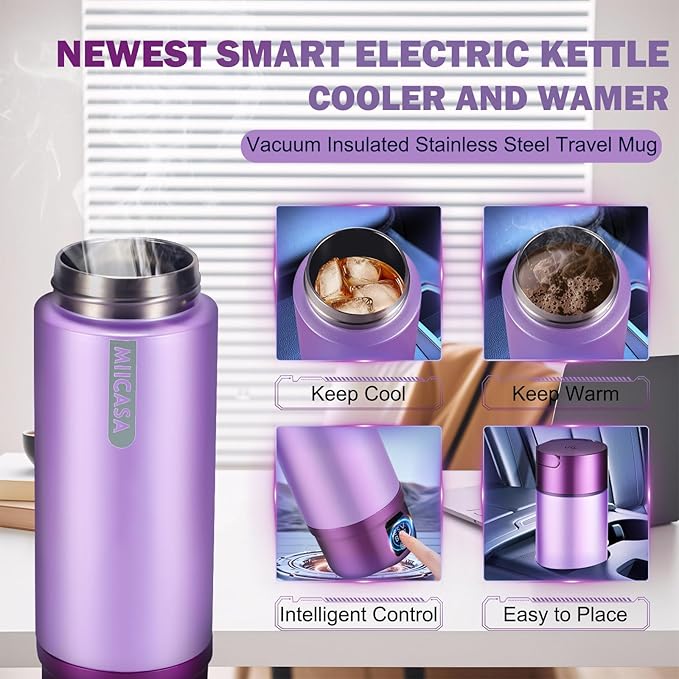 Vacuum-Insulated Portable Electric Kettle,Miicasa Stainless Steel Tumbler Small Electric Kettel,Travel Water Boiler with 6 Temperature and Auto Shut-Off Boil Dry,16oz