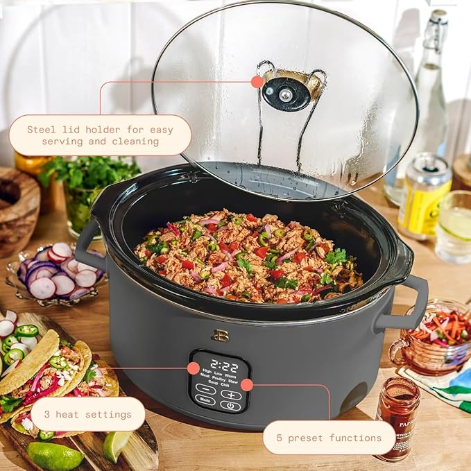 Beautiful 6 Qt Programmable Slow Cooker with Touch Control, Digital Timer and Keep Warm Function – Large Electric pot Capacity Kitchen Appliance by Drew-Barrymore (Oyster Grey)