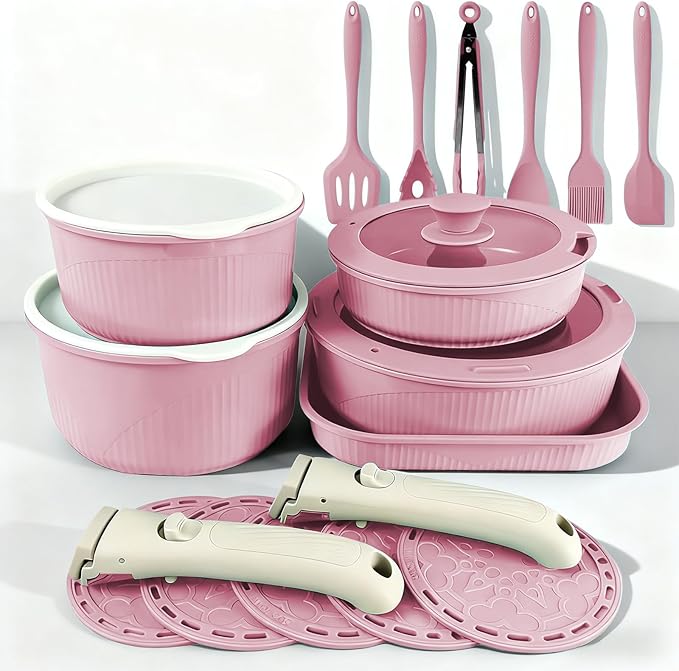 24 Pcs pots and pans set,pots and pans set non stick,Oven-safe and dishwasher-safe,PFAS/PFOA Free,Induction Dishwasher Oven Safe cookware set (Pink)