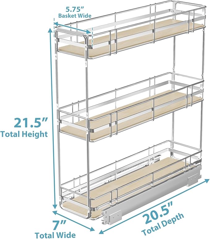 Pull Out Spice Rack Cabinet Organizer 7" W x 20½" D, 3 Tier Heavy Duty Slide Out Wood Shelf for Narrow Cabinet, Pull Out Storage for Kitchen