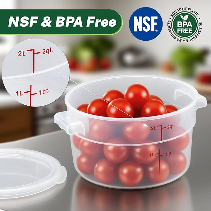 Round Food Storage Container with Lid, 2 Qt Translucent, Commercial 4 Pack of – NSF Listed, BPA-Free, Polypropylene, Non-Stick, Scale, with Labels & Measuring Cups