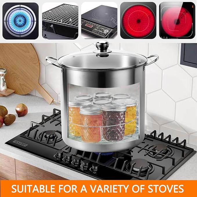 Canning Supplies Kits with 21.5 Qt Canning Pot, 7pcs Mason Jars, Tongs, Stainless Steel Jar Rack, Funnel, Lid Lifter Water Bath Canner Tool Set