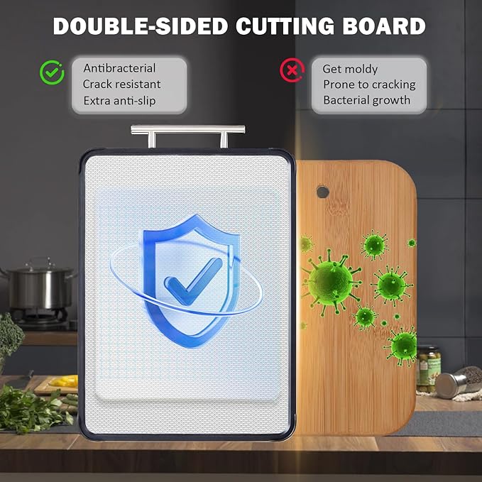 AceFly Stainless Steel Cutting Board, Dishwasher Safe Double Sided 316 Stainless Steel & Wheat Straw Cutting Board for Meat, Scratch Resistant & Non Toxic Chopping Board,Large Size 16" X 11"