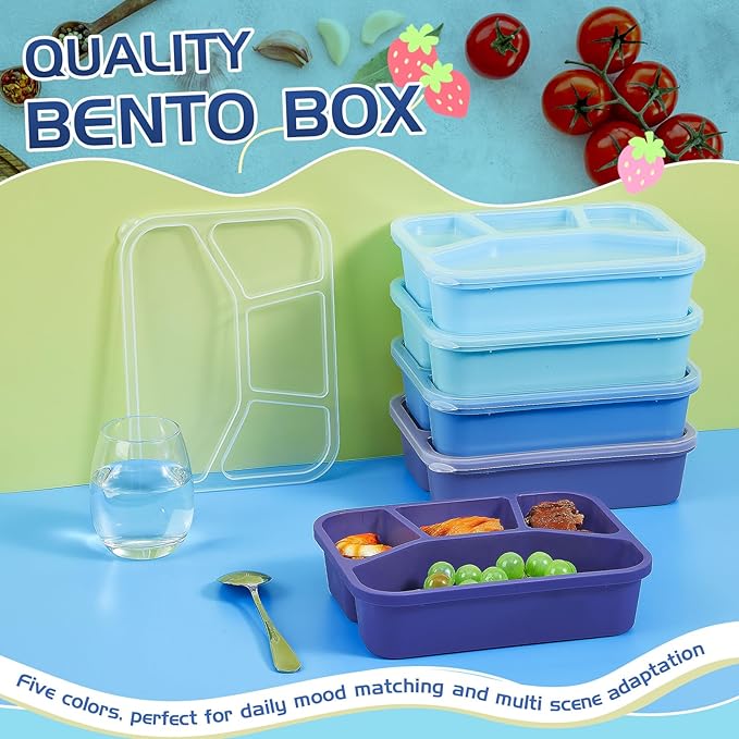 Honeydak 5 Pack Snack Containers 4 Compartment Bento Snack Boxes Reusable Lunchable Containers with Lids Divided Meal Prep Lunch Food Storage Box for School Work Travel(Blue Ombre,Mixed)