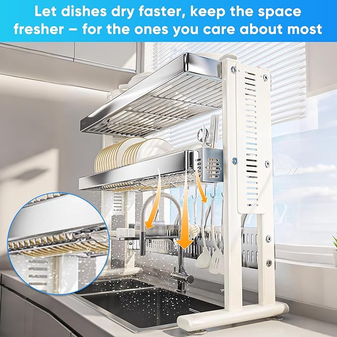 Large Over The Sink Dish Drainer Drying Rack，2 Tier Large Capacity Stainless Steel Dish Drying Rack Over Sink, Multifunctional Kitchen Organizers and Storage Dish Rack 304 Silver, Double Layer)