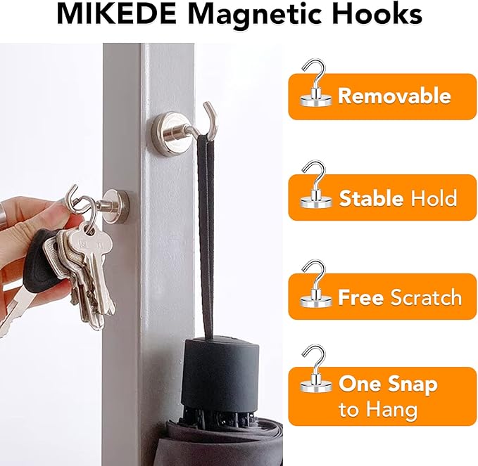 MIKEDE Magnetic Hooks, 85Lbs+ Heavy Duty Magnetic Hooks for Cruise Cabins, Super Neodymium Hanging Hooks Strong Magnets with Hook for Fridge, Magnetic Hanger for Grill, Toolbox, Storage, 4 Pack