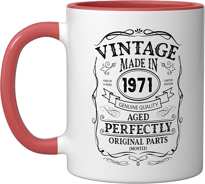 54th birthday, retro Vintage Design, man, woman 1971 Ceramic Mug, Red/White