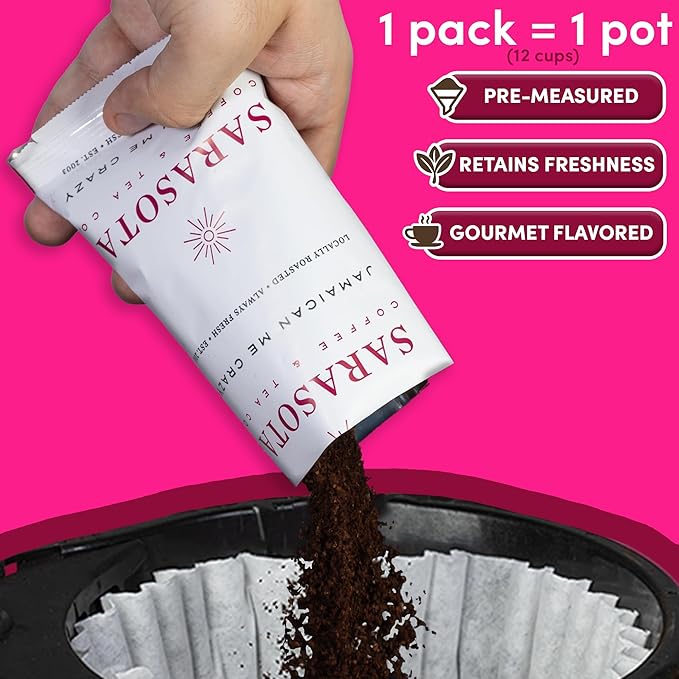 2.5oz Coffee Packs – Jamaican Me Crazy Flavored Medium Roast | Pre-Measured Ground Coffee for 12 Cup Drip Makers | Low Acid Mold-Free Single-Pot Pouches | 36 Count Bulk Pack – Sarasota Coffee
