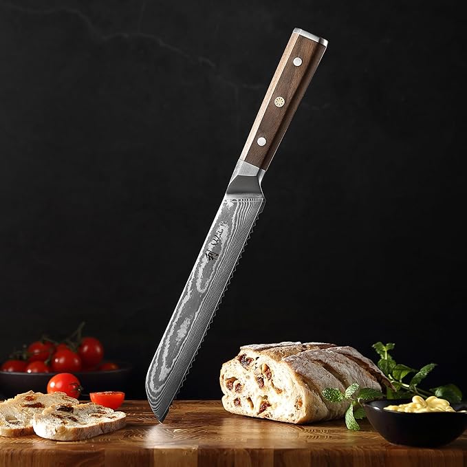 Wakoli HIK Full Tang Damascus Bread Knife – Serrated Kitchen Knife | 8-Inch Blade Made of 67-Layer Damascus Steel with VG10 Core | Walnut Wood Handle | Sharp, Durable, Gift Box Included