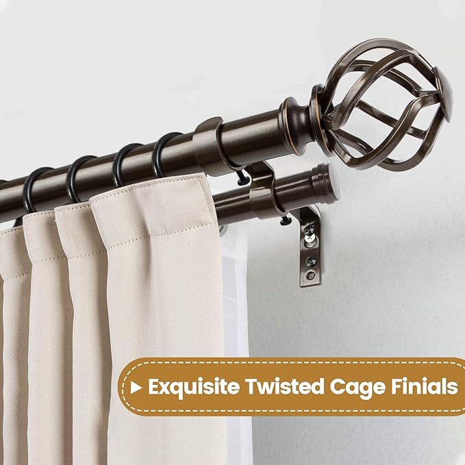 KAMANINA 1 Inch Double Curtain Rod 72 to 144 Inches (6-12 Feet), Antique Bronze Curtain Rods for Windows 66 to 120, Heavy Duty Telescoping Drapery Rods with Twisted Cage Finials