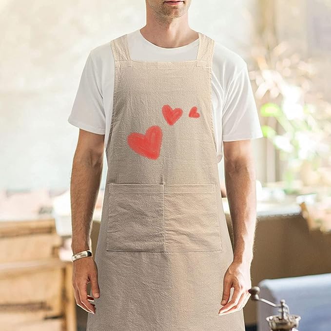 Cotton Linen Apron Non-tie Cross Back Kitchen Apron with Pockets Soft Comfortable Durable for Cooking Baking Gardening (Khaki,Heart)