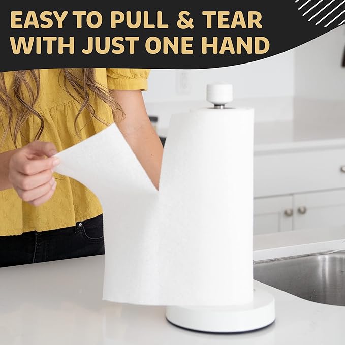 Dear Household Stainless Steel Paper Towel Holder Easy One-Handed Operation - This Sturdy Weighted Paper Towel Dispenser Countertop Model Has Suction Cups and Holds All Paper Towel Rolls - White