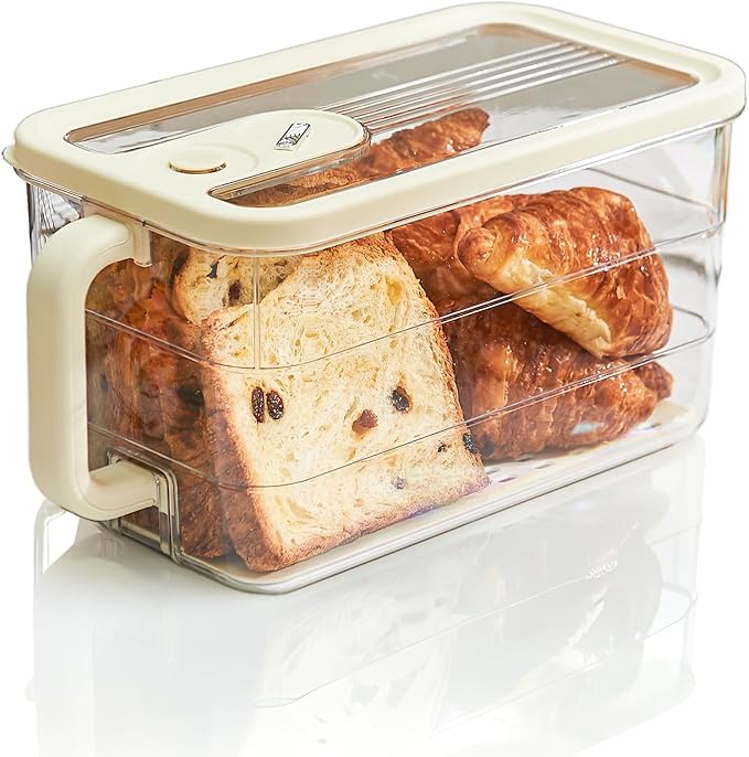 Bread Box for Kitchen Counter | Bread Storage Container with Lid - Detachable Handle & Time Recording - Desserts Keeper for Homemade Bread, Toast, Bagel, Donut and Cookies